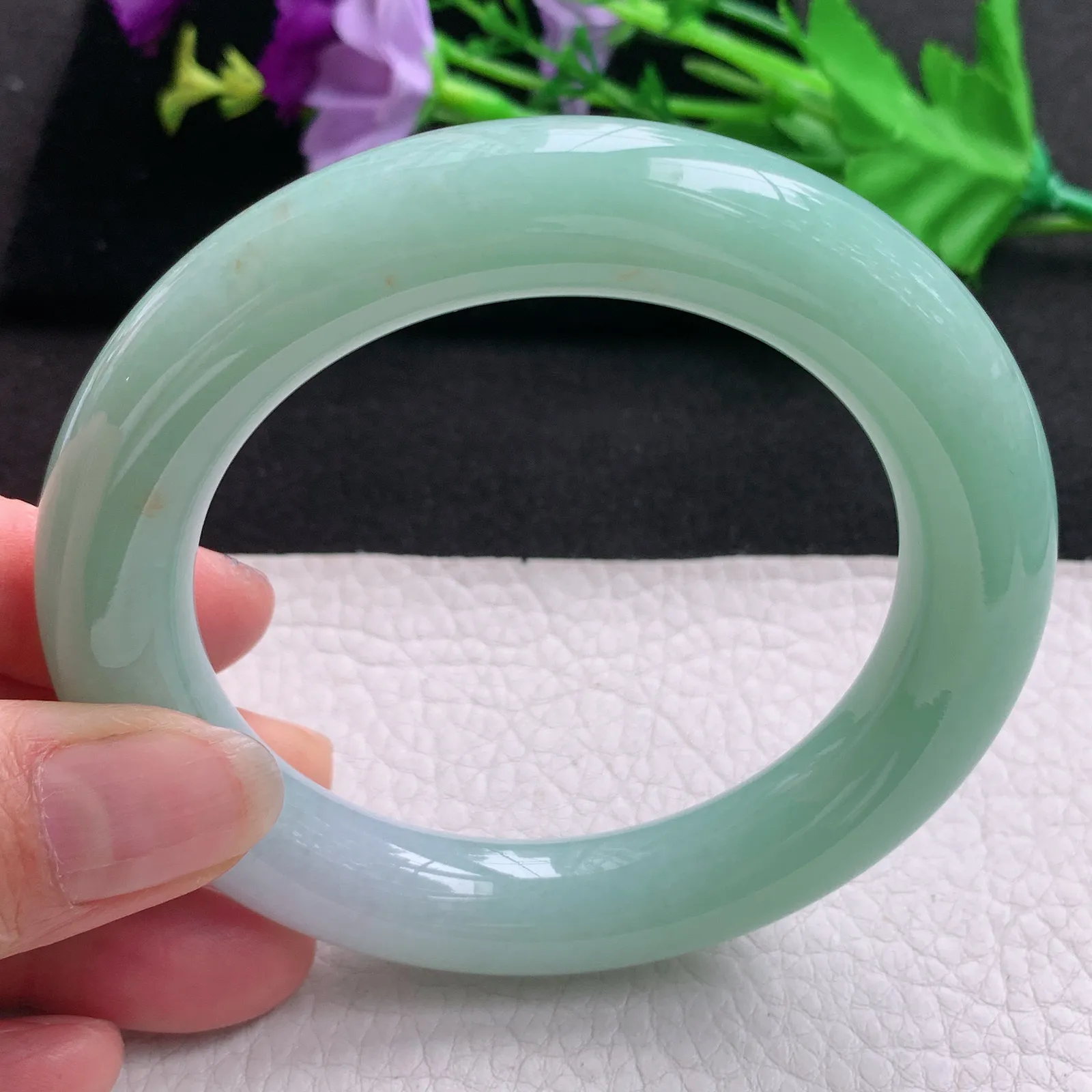 ss实拍58.5*12.3胖圆镯 天然缅甸翡翠A货玉手镯春带彩胶感圆条平安镯