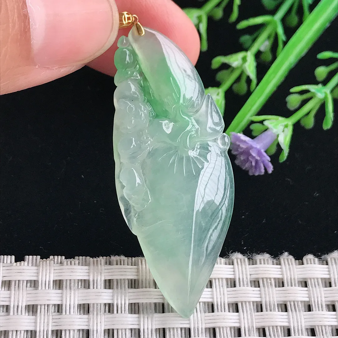 实拍A货翡翠48.5/19.5/4.5老坑18k金镶嵌冰胶阳绿寿桃吊坠翡翠桃子挂件