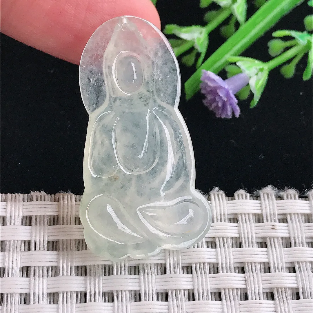 实拍A货翡翠37/20.2/4.3老坑冰种起胶小观音吊坠翡翠挂件