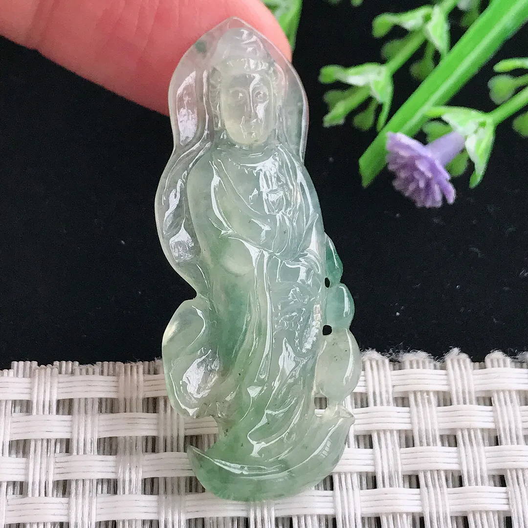 实拍A货翡翠49/19.4/5老坑冰润冰晴站观音吊坠翡翠挂件