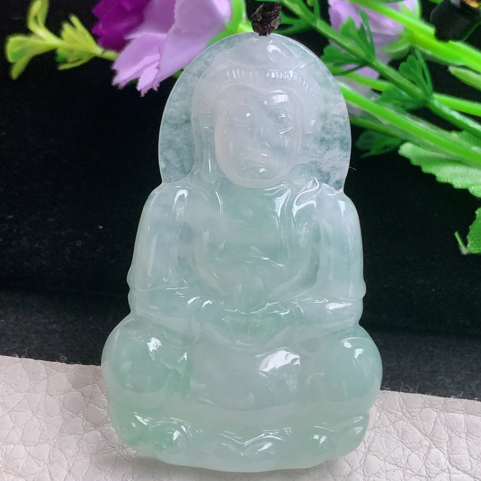 zen自然光56.8*36.8*5.6天然缅甸翡翠A货晴绿正庄观音 玉观音玉吊坠