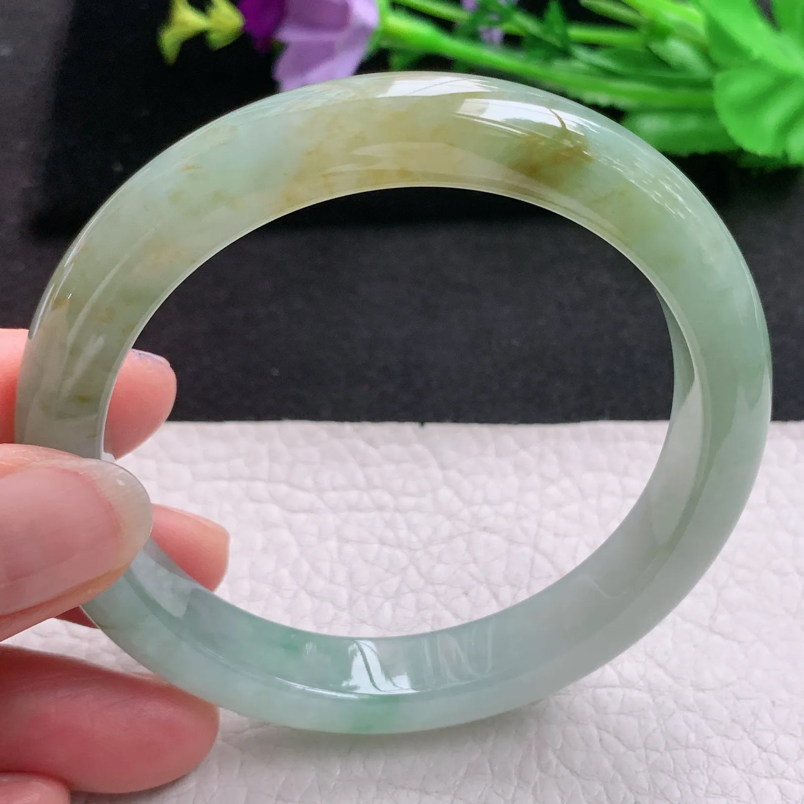 hh实拍58.5*10.5*8.3mm天然缅甸翡翠A货玉手镯冰胶秀气双彩宽边平安镯