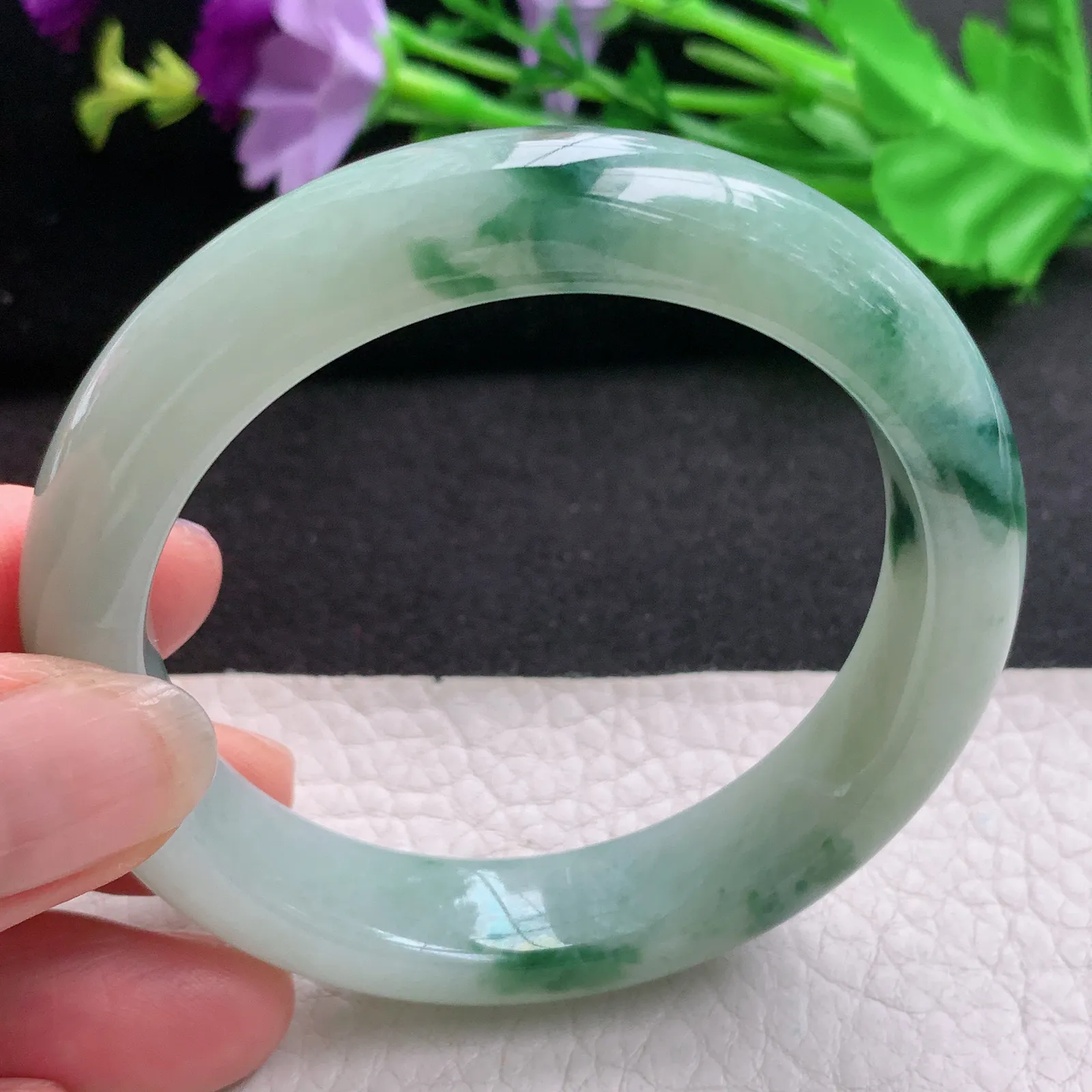 hh实拍54*12.8*8.5mm天然缅甸翡翠A货玉手镯飘花宽边正圈平安镯