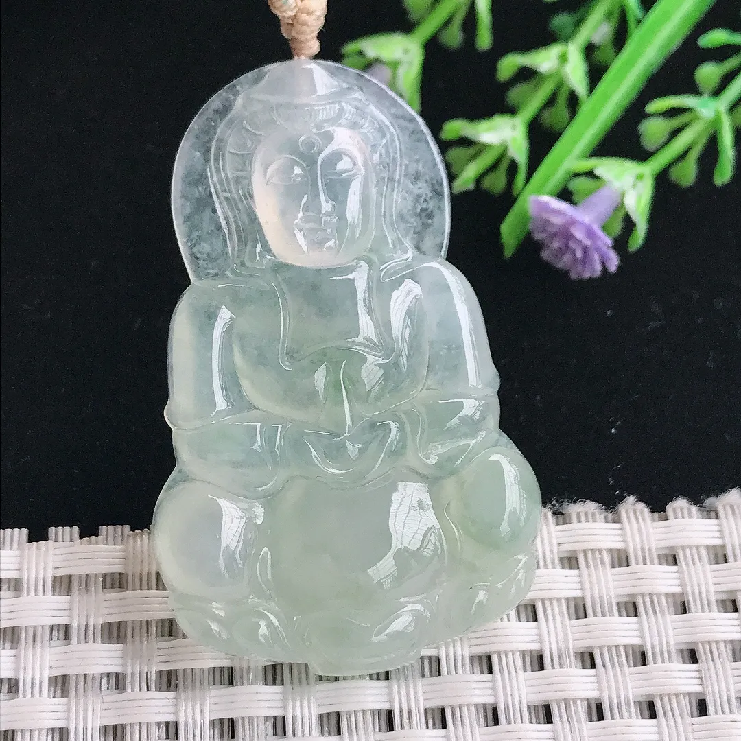 实拍A货翡翠48.8/31/5.1老坑冰胶水灵冰晴观音吊坠正装翡翠观音挂件