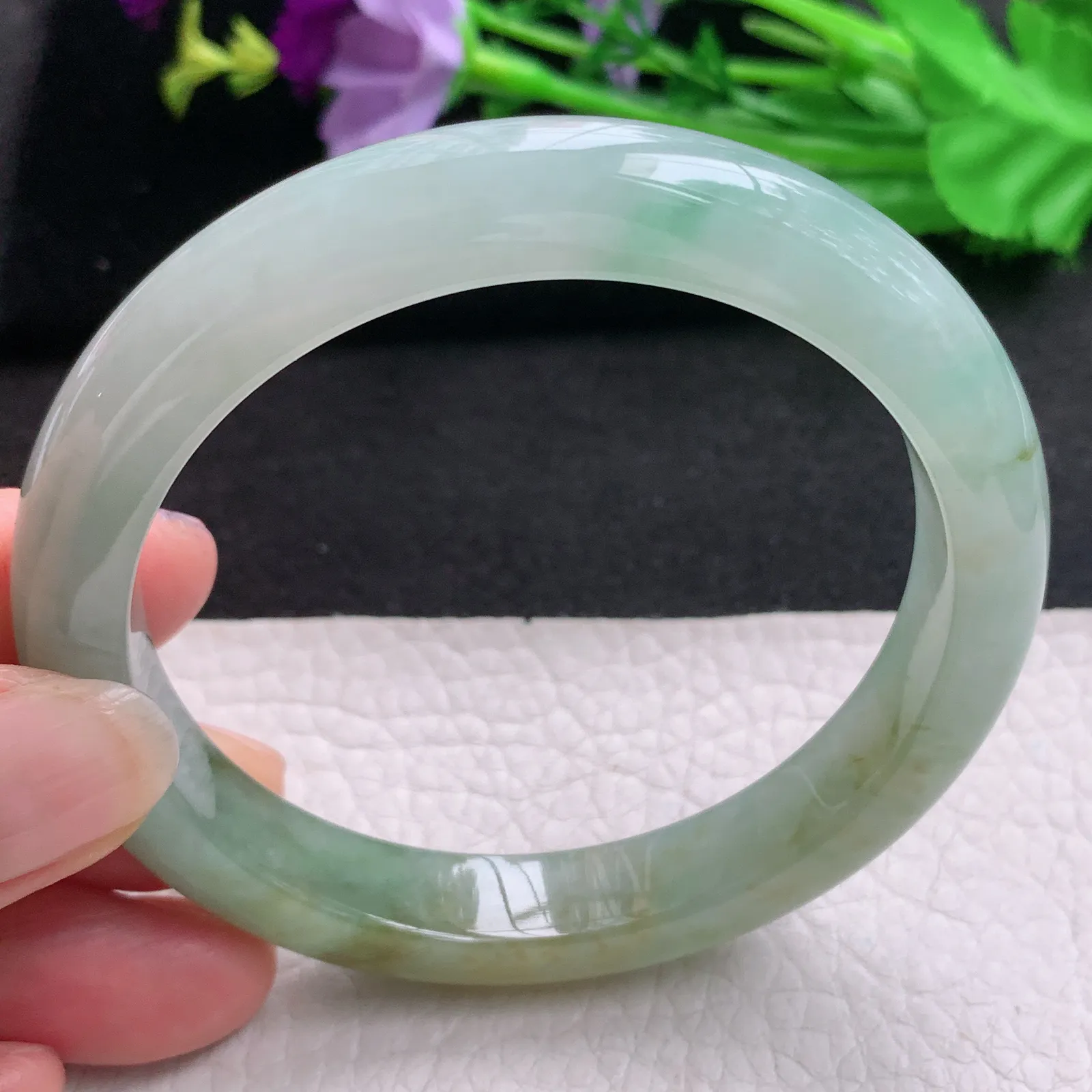 hh实拍58.5*10.5*8.3mm天然缅甸翡翠A货玉手镯冰胶秀气双彩宽边平安镯