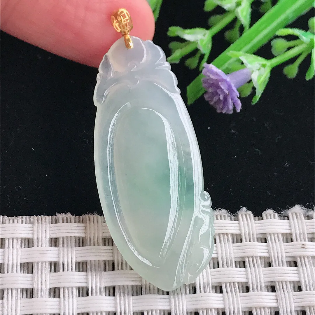 实拍A货翡翠41/17/4.8老坑18k金镶嵌冰胶水灵福瓜吊坠翡翠挂件