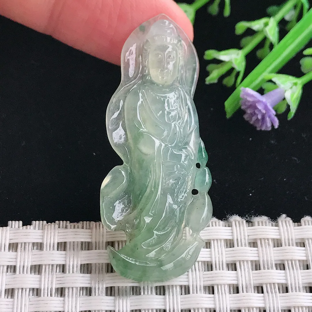 实拍A货翡翠49/19.4/5老坑冰润冰晴站观音吊坠翡翠挂件