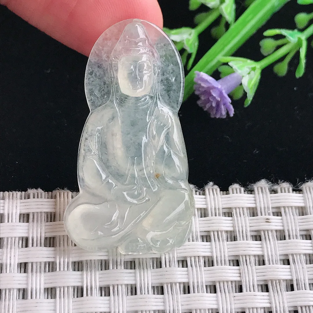 实拍A货翡翠37/20.2/4.3老坑冰种起胶小观音吊坠翡翠挂件
