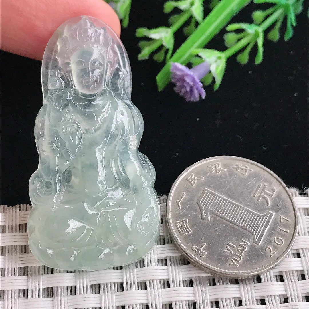 实拍A货翡翠46.3/24/5.1老坑冰种冰晴渡母菩萨吊坠翡翠挂件