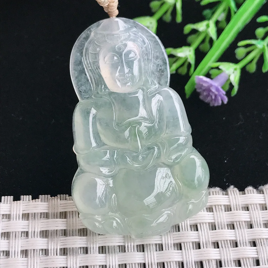 实拍A货翡翠48.8/31/5.1老坑冰胶水灵冰晴观音吊坠正装翡翠观音挂件