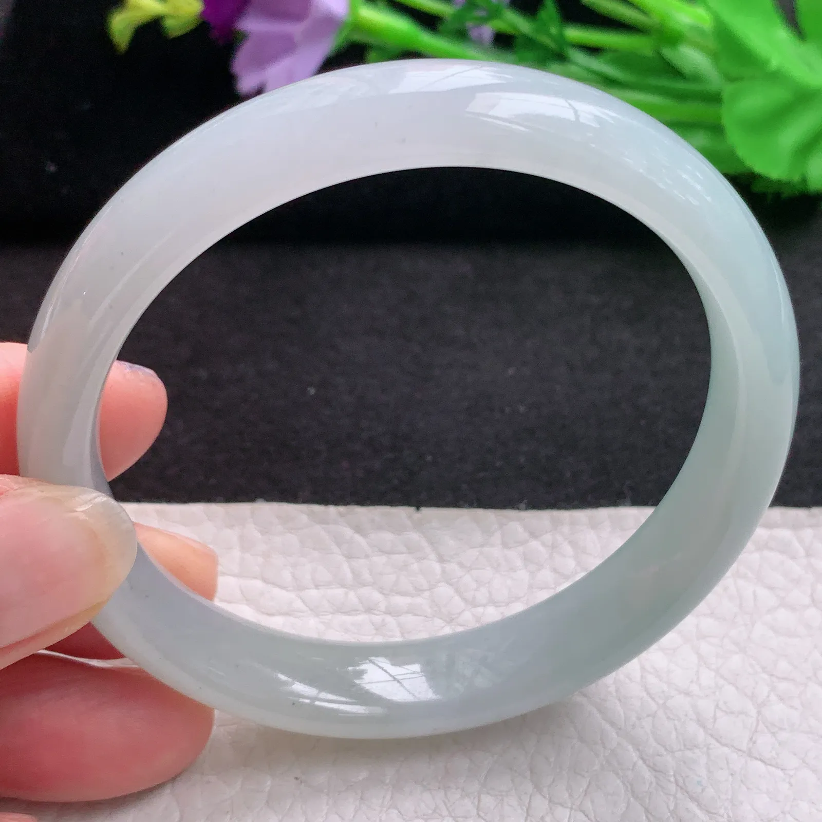 hh实拍58.5*12*7.3mm天然缅甸翡翠A货玉手镯冰胶淡雅宽边正圈平安镯