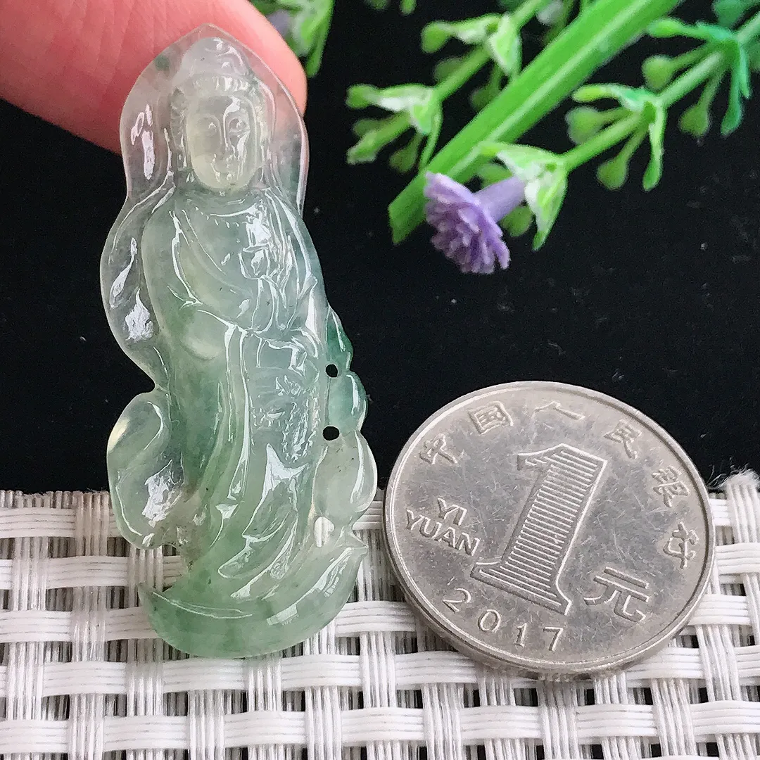 实拍A货翡翠49/19.4/5老坑冰润冰晴站观音吊坠翡翠挂件