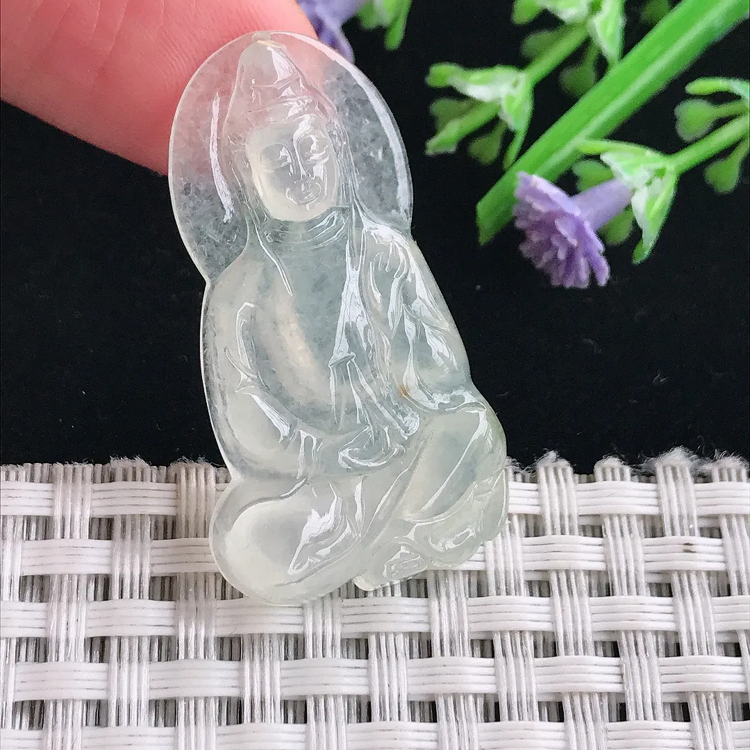 实拍A货翡翠37/20.2/4.3老坑冰种起胶小观音吊坠翡翠挂件