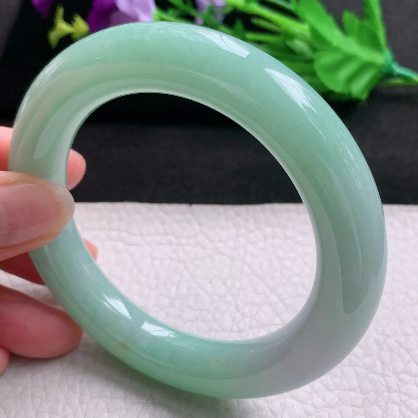 ss实拍58.5*12.3胖圆镯 天然缅甸翡翠A货玉手镯春带彩胶感圆条平安镯