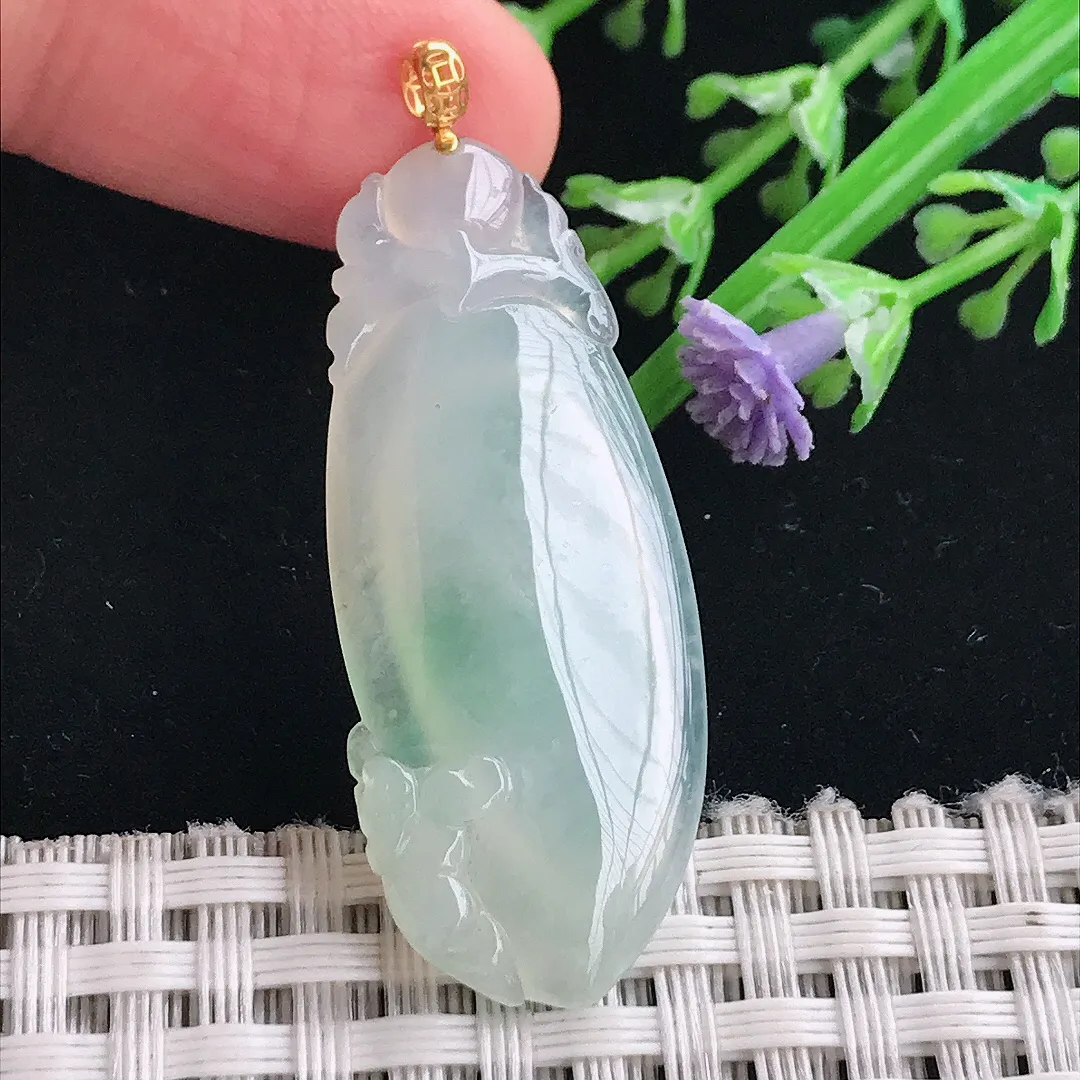 实拍A货翡翠41/17/4.8老坑18k金镶嵌冰胶水灵福瓜吊坠翡翠挂件