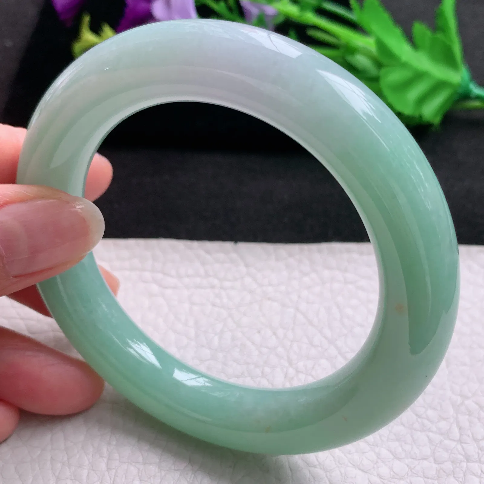 ss实拍58.5*12.3胖圆镯 天然缅甸翡翠A货玉手镯春带彩胶感圆条平安镯