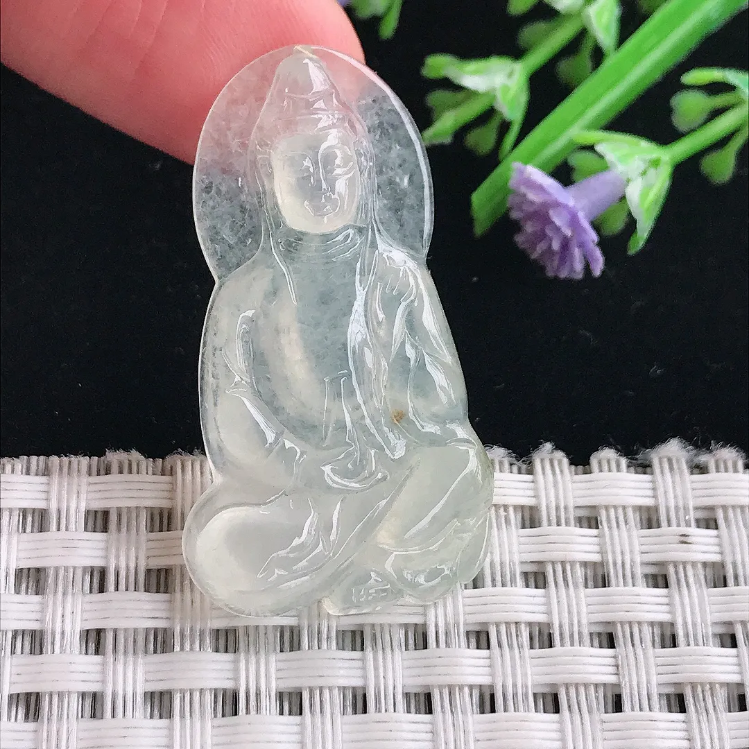 实拍A货翡翠37/20.2/4.3老坑冰种起胶小观音吊坠翡翠挂件
