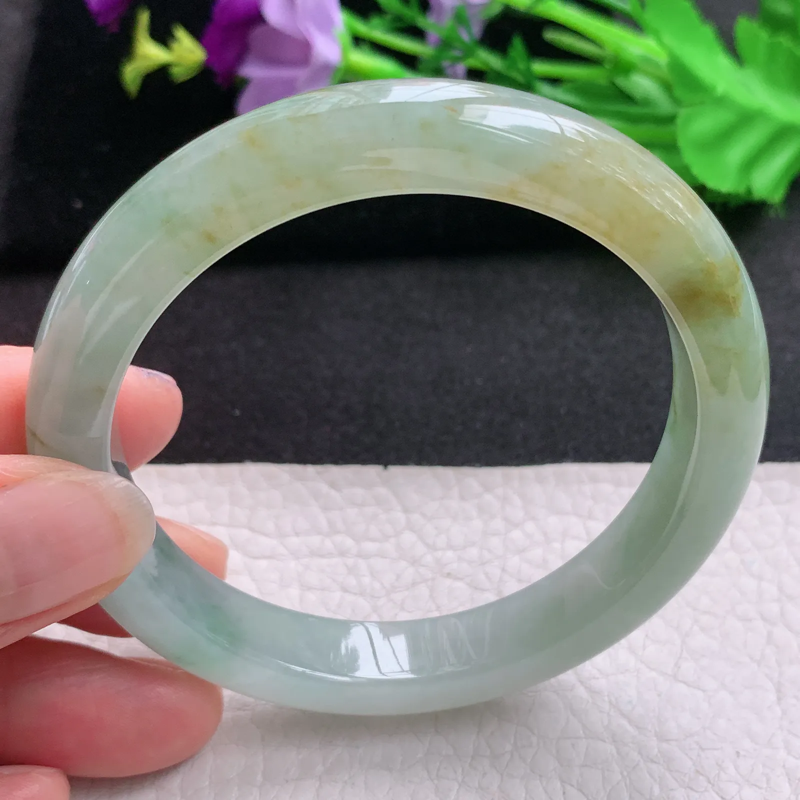 hh实拍58.5*10.5*8.3mm天然缅甸翡翠A货玉手镯冰胶秀气双彩宽边平安镯