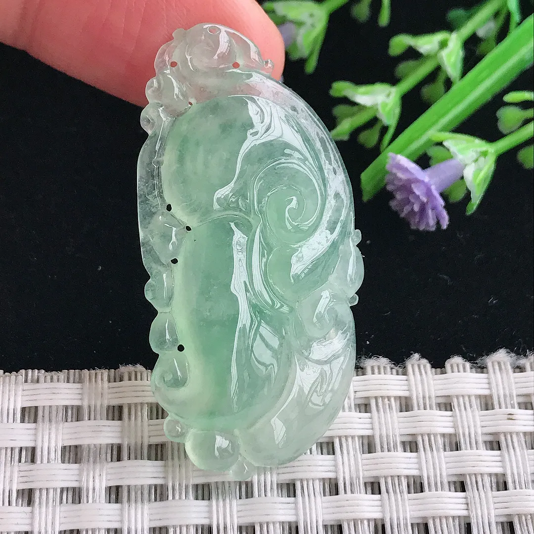 实拍A货翡翠43.7/22.2/6.2老坑冰种冰甜绿如意吊坠翡翠挂件