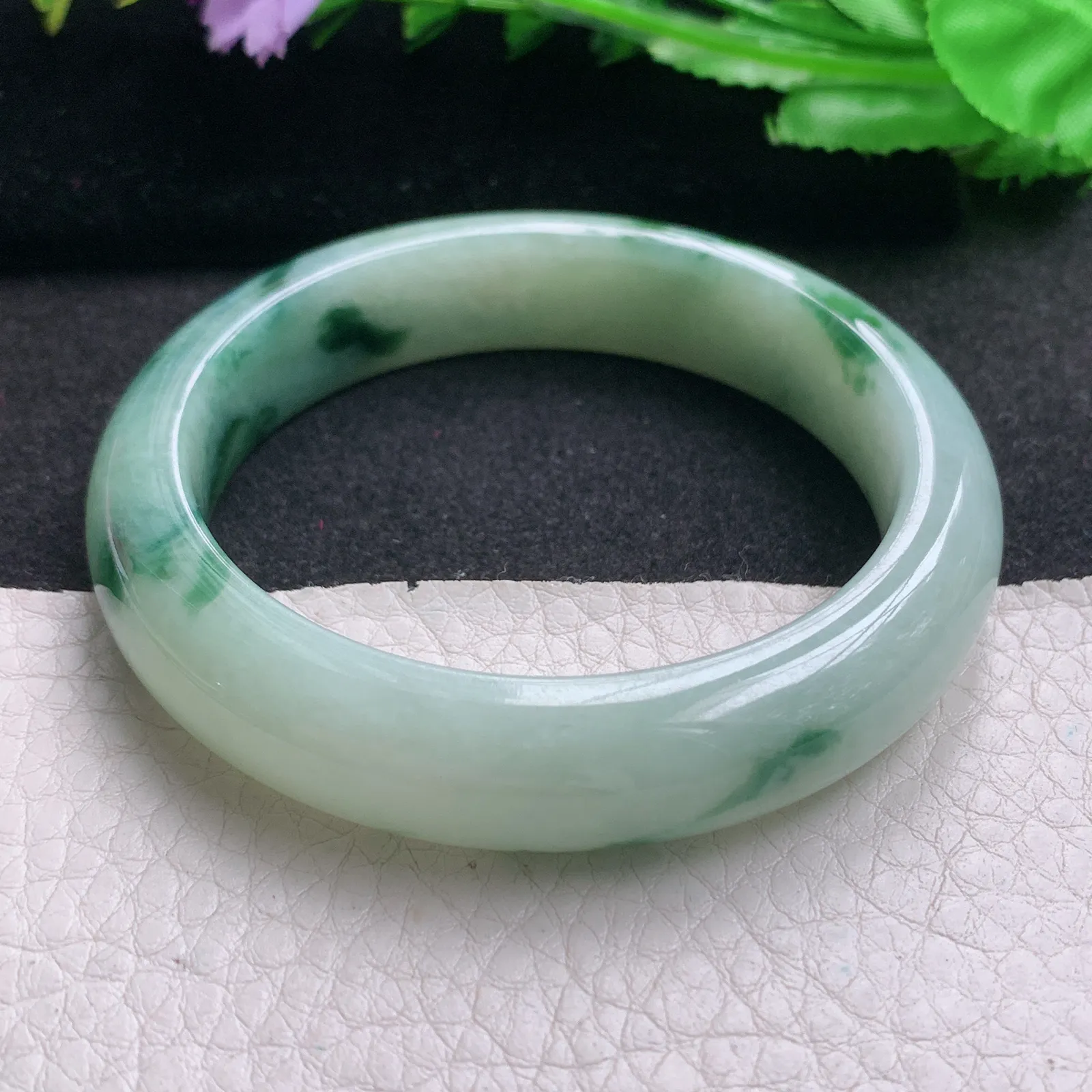 hh实拍54*12.8*8.5mm天然缅甸翡翠A货玉手镯飘花宽边正圈平安镯