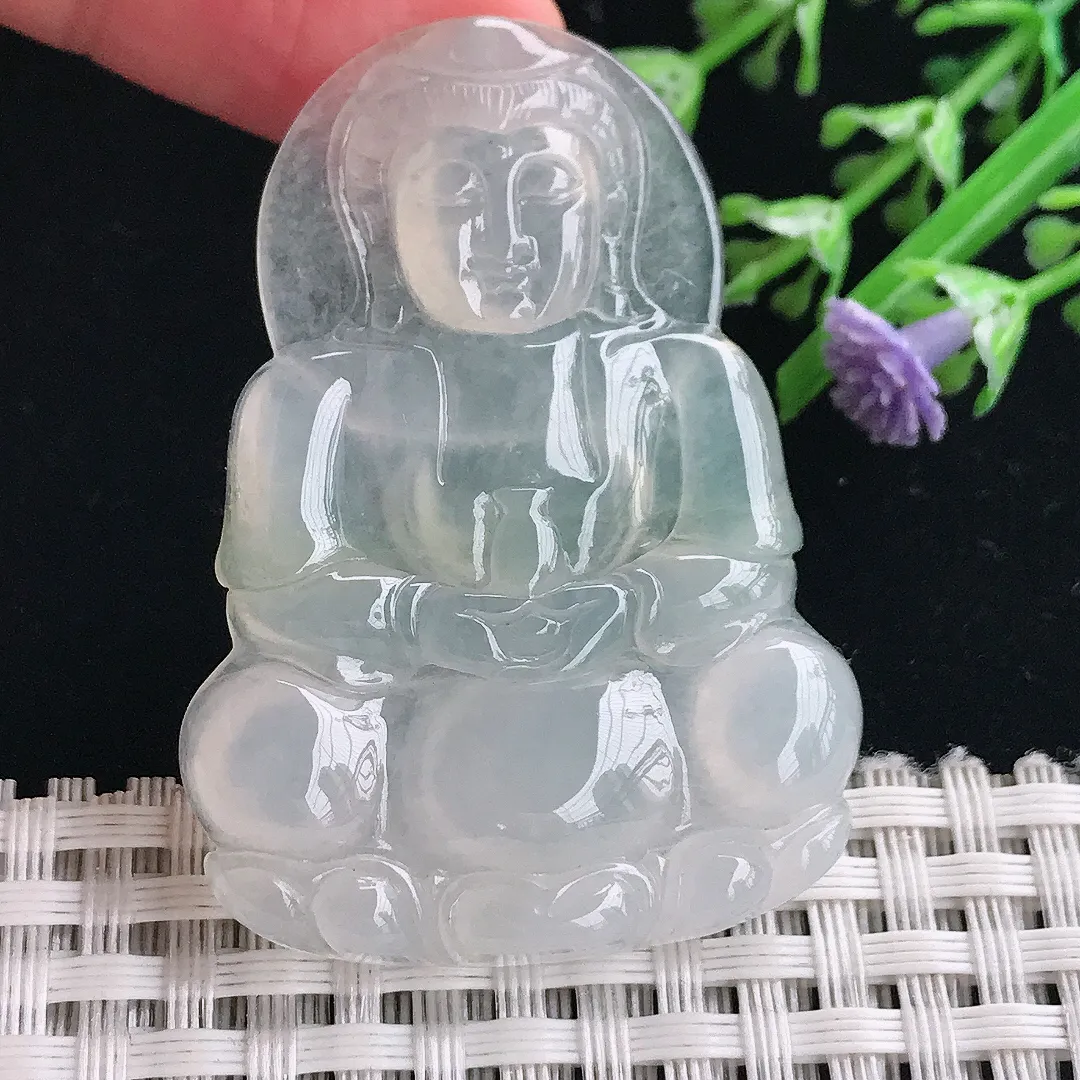 实拍A货翡翠49/35.2/5老坑冰种起胶正装观音吊坠翡翠挂件