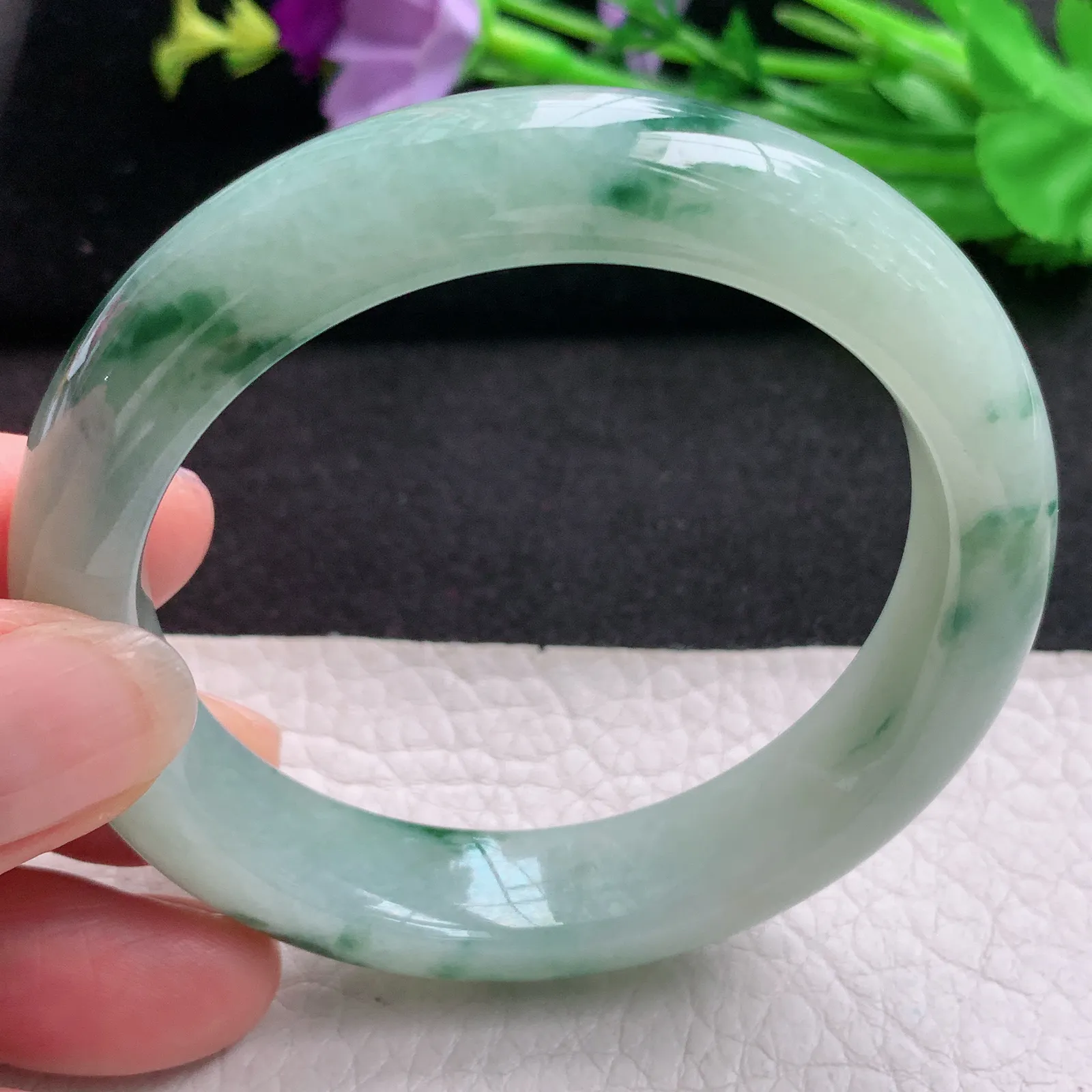 hh实拍54*12.8*8.5mm天然缅甸翡翠A货玉手镯飘花宽边正圈平安镯