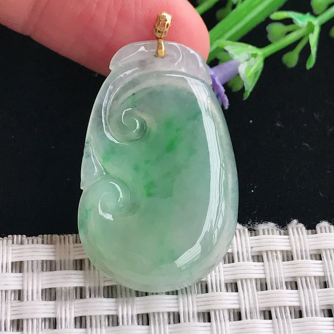 实拍A货翡翠34.5/22/4.6老坑18k金镶嵌冰胶飘阳绿如意吊坠翡翠挂件