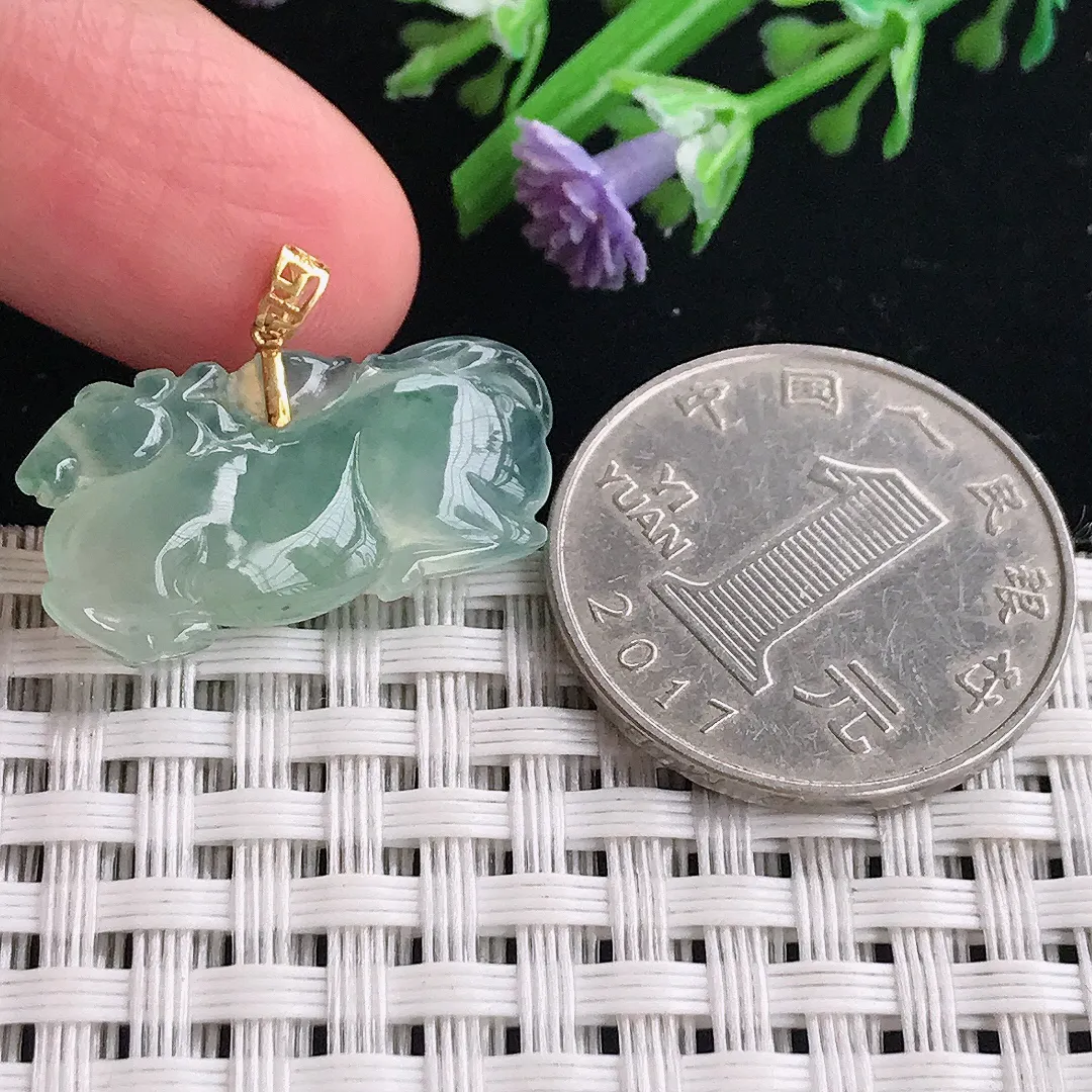 实拍A货翡翠25.2/13/5老坑18k金镶嵌冰种冰晴唐马吊坠翡翠挂件