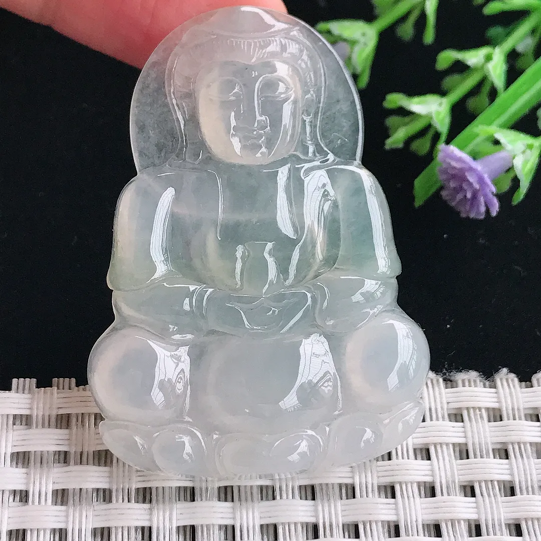 实拍A货翡翠49/35.2/5老坑冰种起胶正装观音吊坠翡翠挂件