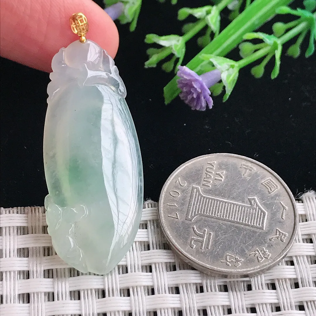 实拍A货翡翠41/17/4.8老坑18k金镶嵌冰胶水灵福瓜吊坠翡翠挂件