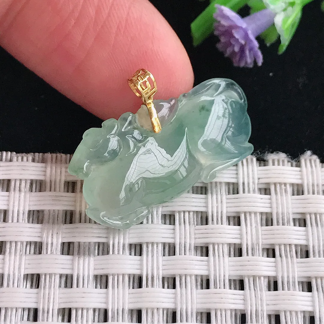 实拍A货翡翠25.2/13/5老坑18k金镶嵌冰种冰晴唐马吊坠翡翠挂件