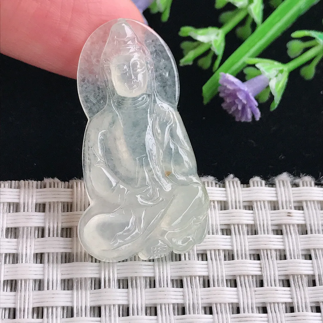 实拍A货翡翠37/20.2/4.3老坑冰种起胶小观音吊坠翡翠挂件