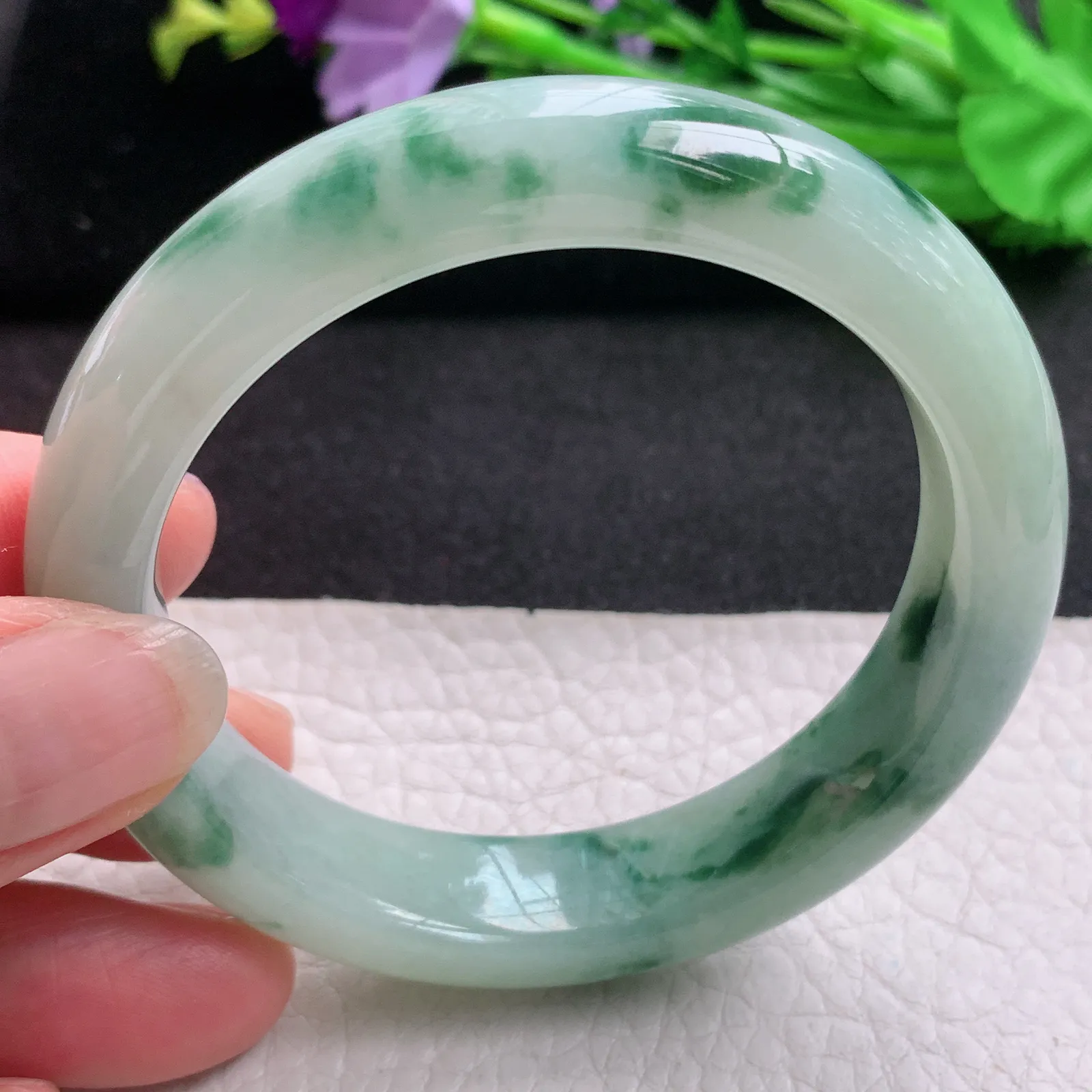 hh实拍54*12.8*8.5mm天然缅甸翡翠A货玉手镯飘花宽边正圈平安镯