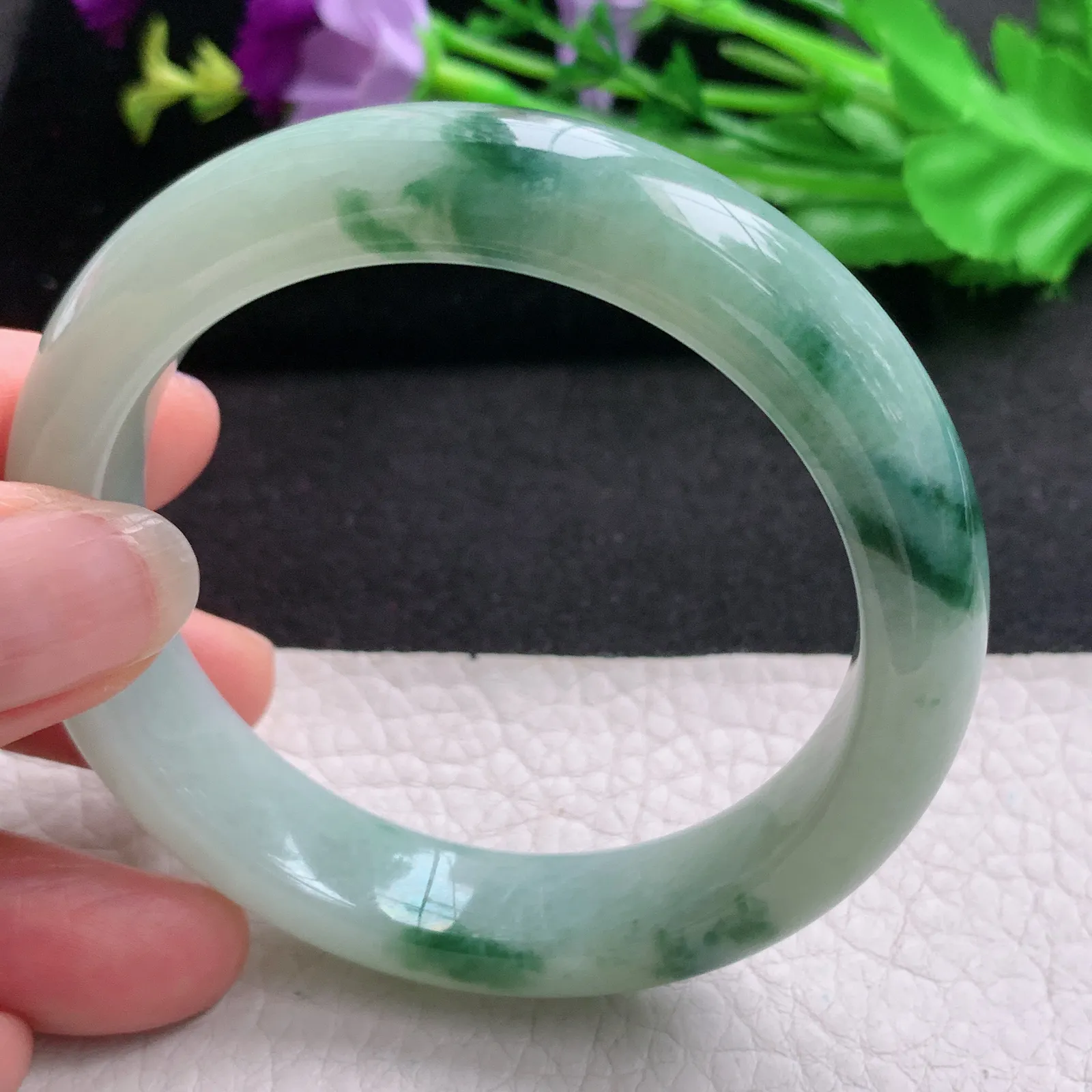 hh实拍54*12.8*8.5mm天然缅甸翡翠A货玉手镯飘花宽边正圈平安镯