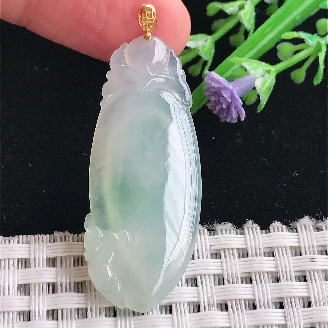 实拍A货翡翠41/17/4.8老坑18k金镶嵌冰胶水灵福瓜吊坠翡翠挂件