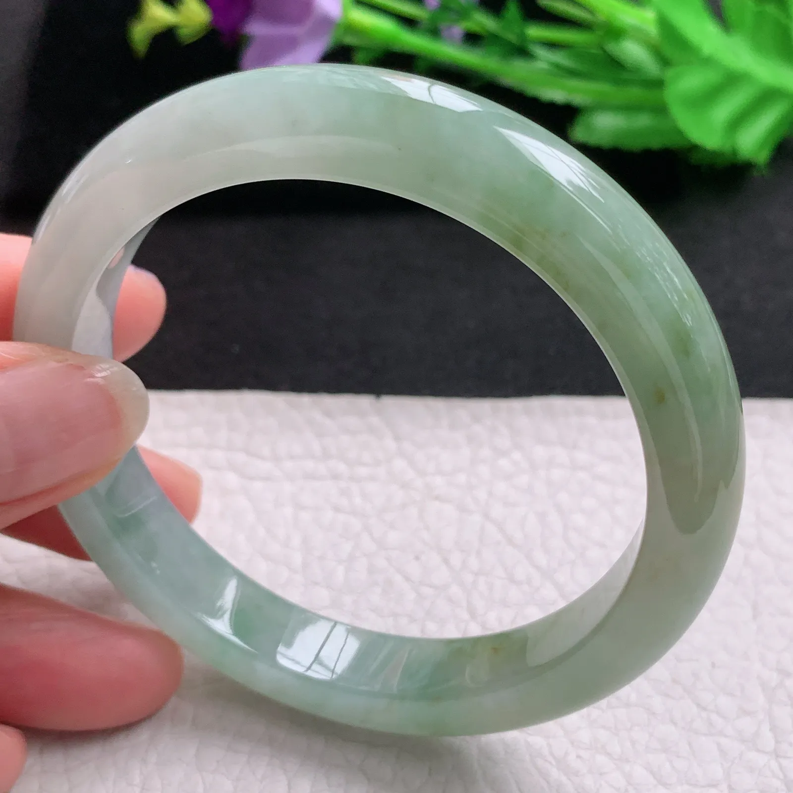 hh实拍58.5*10.5*8.3mm天然缅甸翡翠A货玉手镯冰胶秀气双彩宽边平安镯