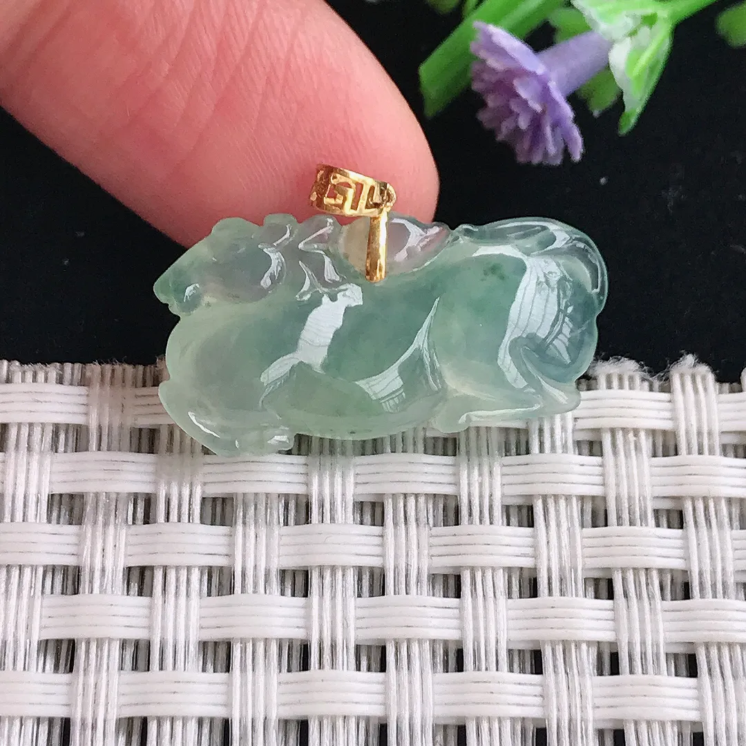 实拍A货翡翠25.2/13/5老坑18k金镶嵌冰种冰晴唐马吊坠翡翠挂件