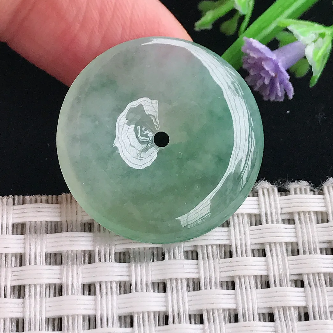 实拍A货翡翠25.3/4.5老坑冰胶果冻冰晴绿平安扣吊坠翡翠玉扣挂件