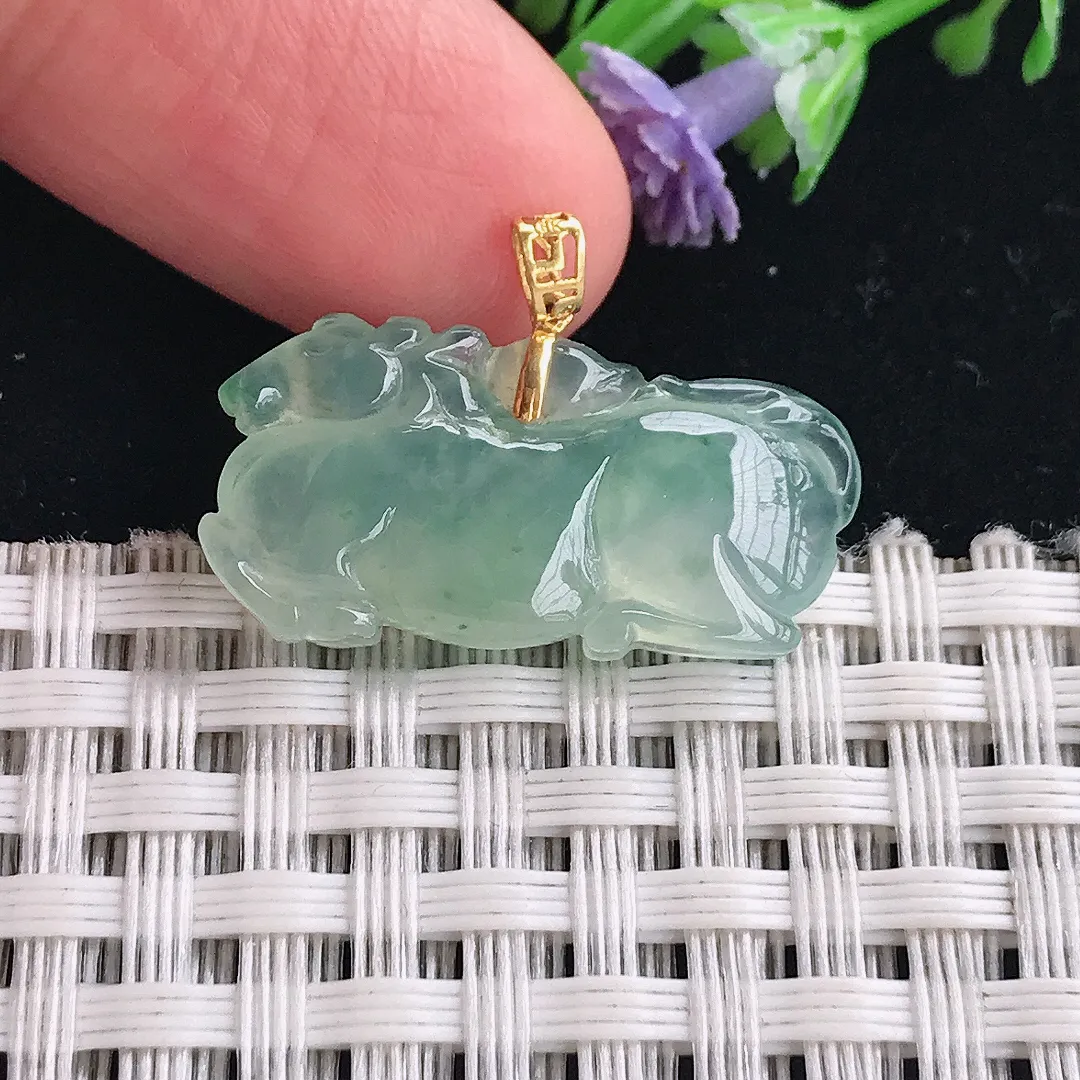 实拍A货翡翠25.2/13/5老坑18k金镶嵌冰种冰晴唐马吊坠翡翠挂件