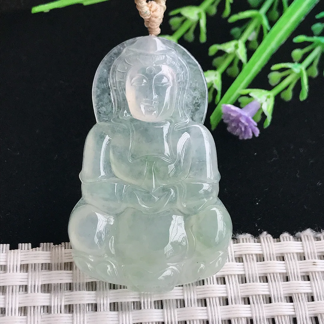 实拍A货翡翠48.8/31/5.1老坑冰胶水灵冰晴观音吊坠正装翡翠观音挂件