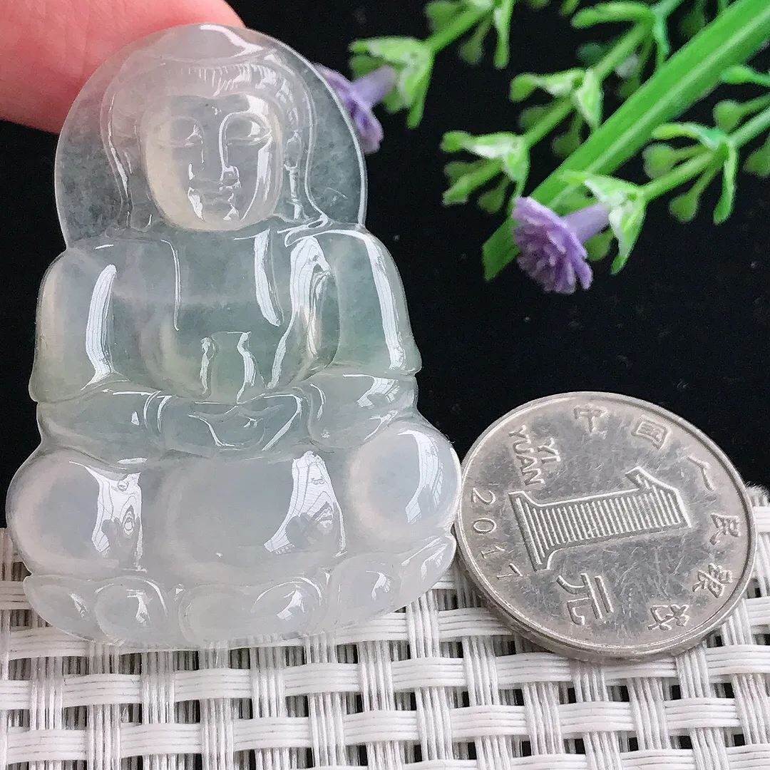 实拍A货翡翠49/35.2/5老坑冰种起胶正装观音吊坠翡翠挂件
