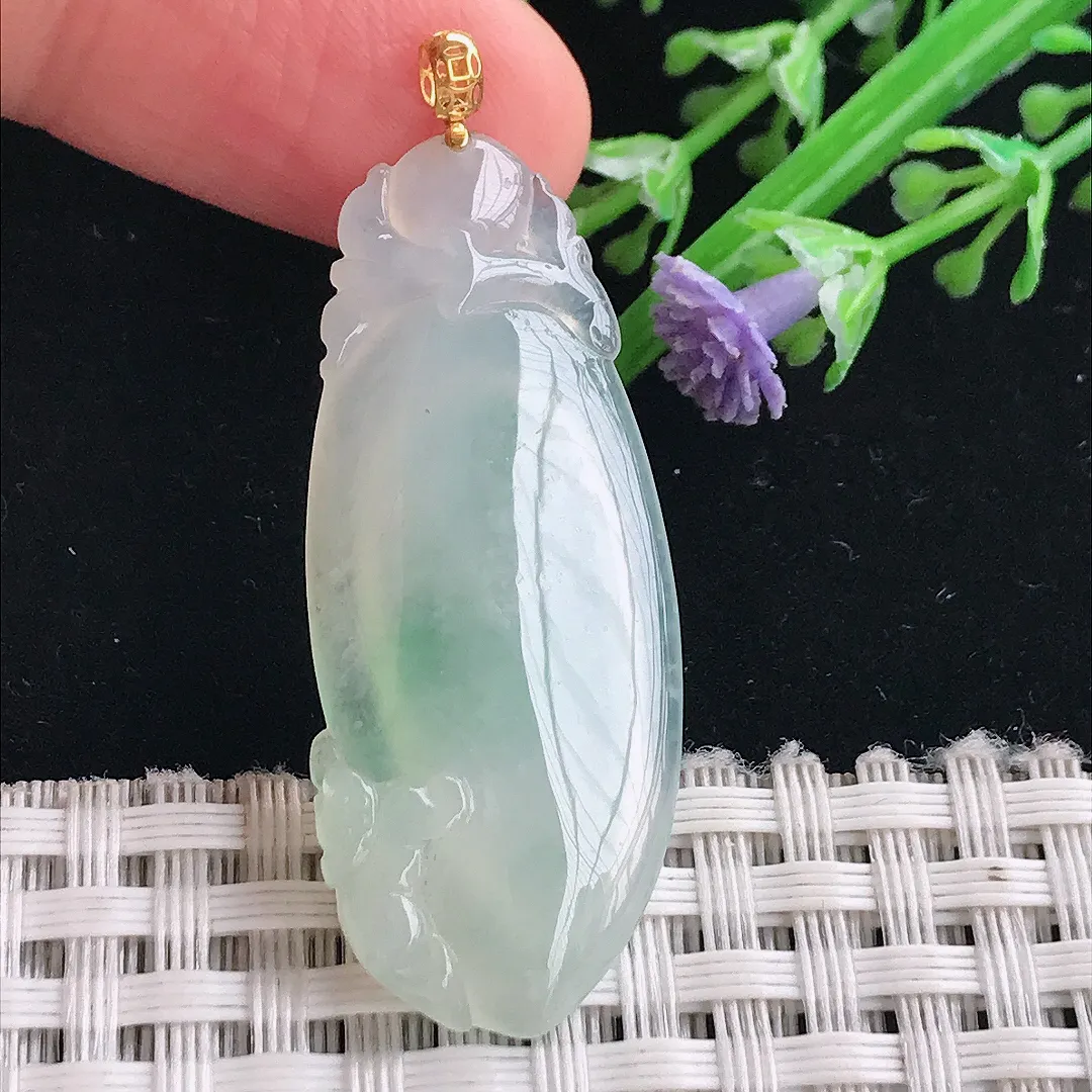 实拍A货翡翠41/17/4.8老坑18k金镶嵌冰胶水灵福瓜吊坠翡翠挂件