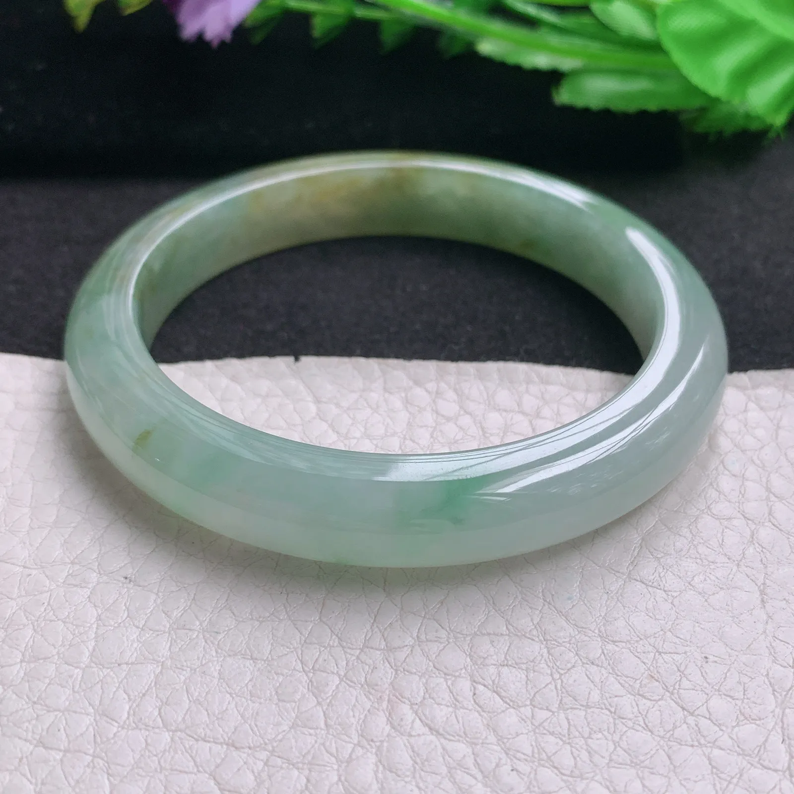 hh实拍58.5*10.5*8.3mm天然缅甸翡翠A货玉手镯冰胶秀气双彩宽边平安镯