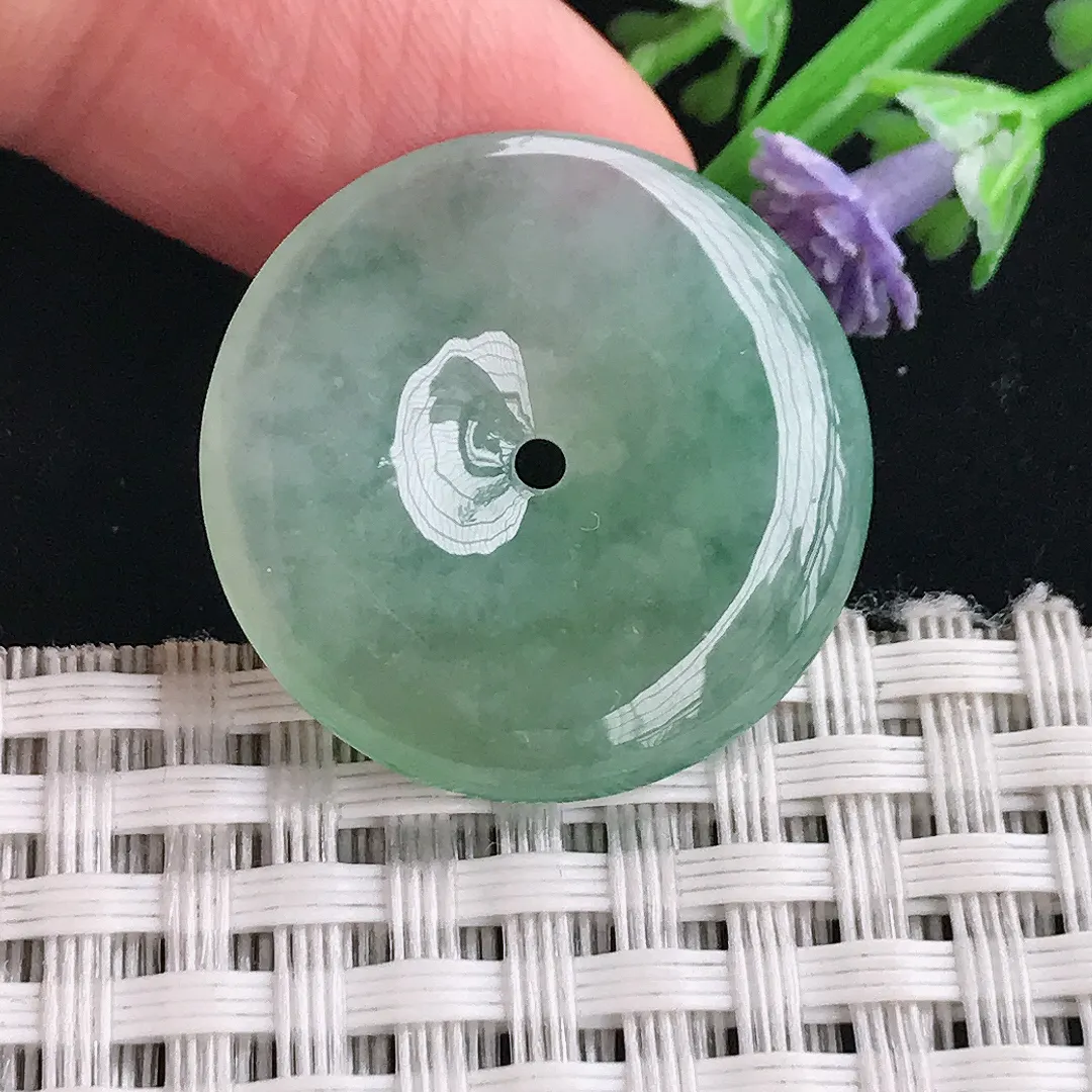 实拍A货翡翠25.3/4.5老坑冰胶果冻冰晴绿平安扣吊坠翡翠玉扣挂件