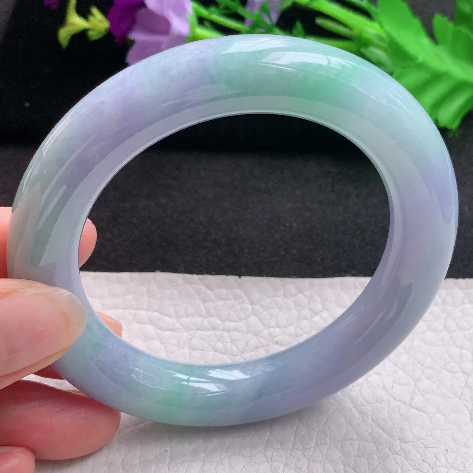 ss实拍57*12.5*11.8胖圆镯 天然缅甸翡翠A货玉手镯春带彩水润圆条平安镯