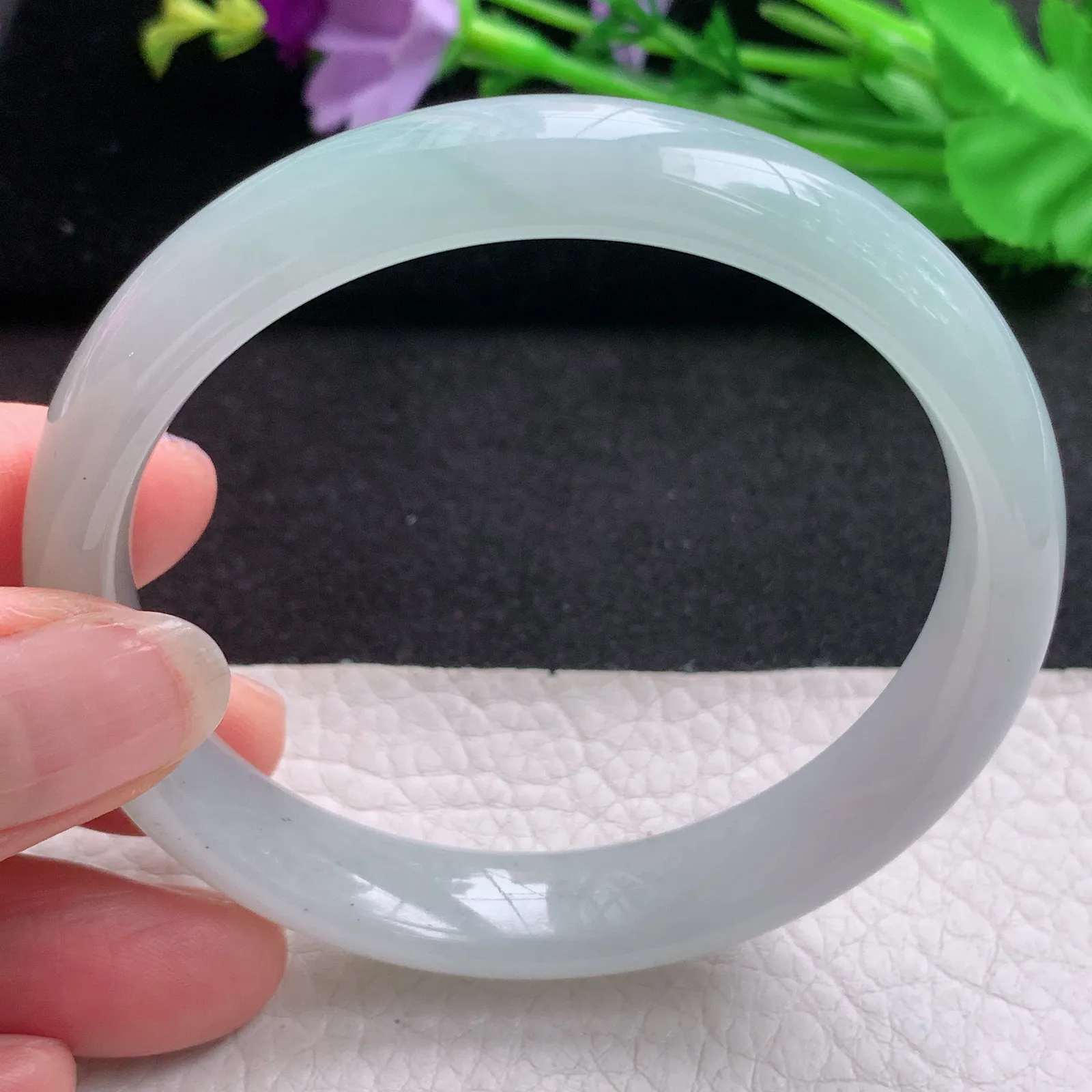 hh实拍58.5*12*7.3mm天然缅甸翡翠A货玉手镯冰胶淡雅宽边正圈平安镯