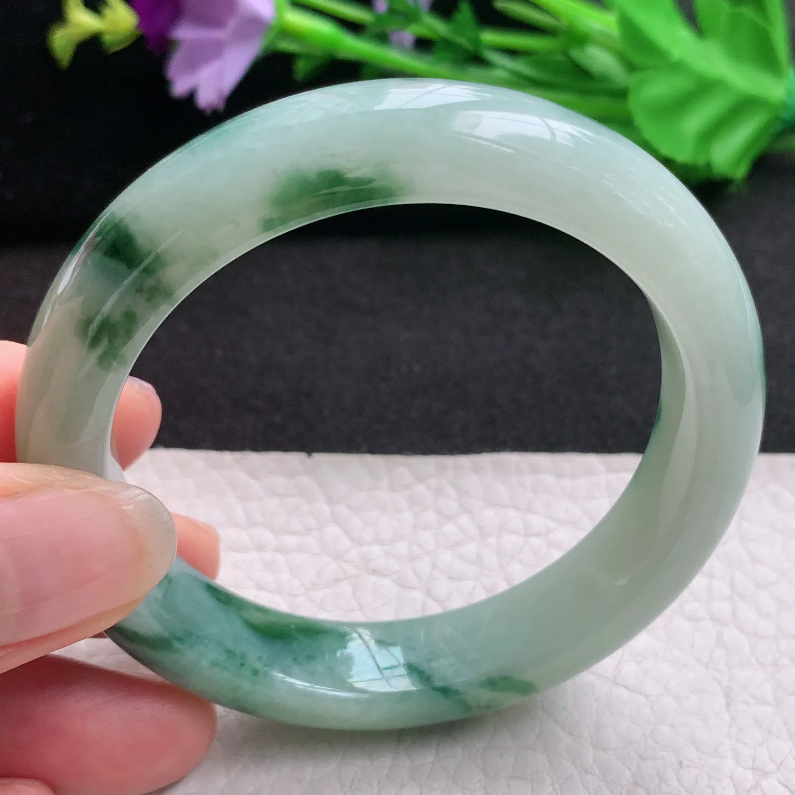 hh实拍54*12.8*8.5mm天然缅甸翡翠A货玉手镯飘花宽边正圈平安镯