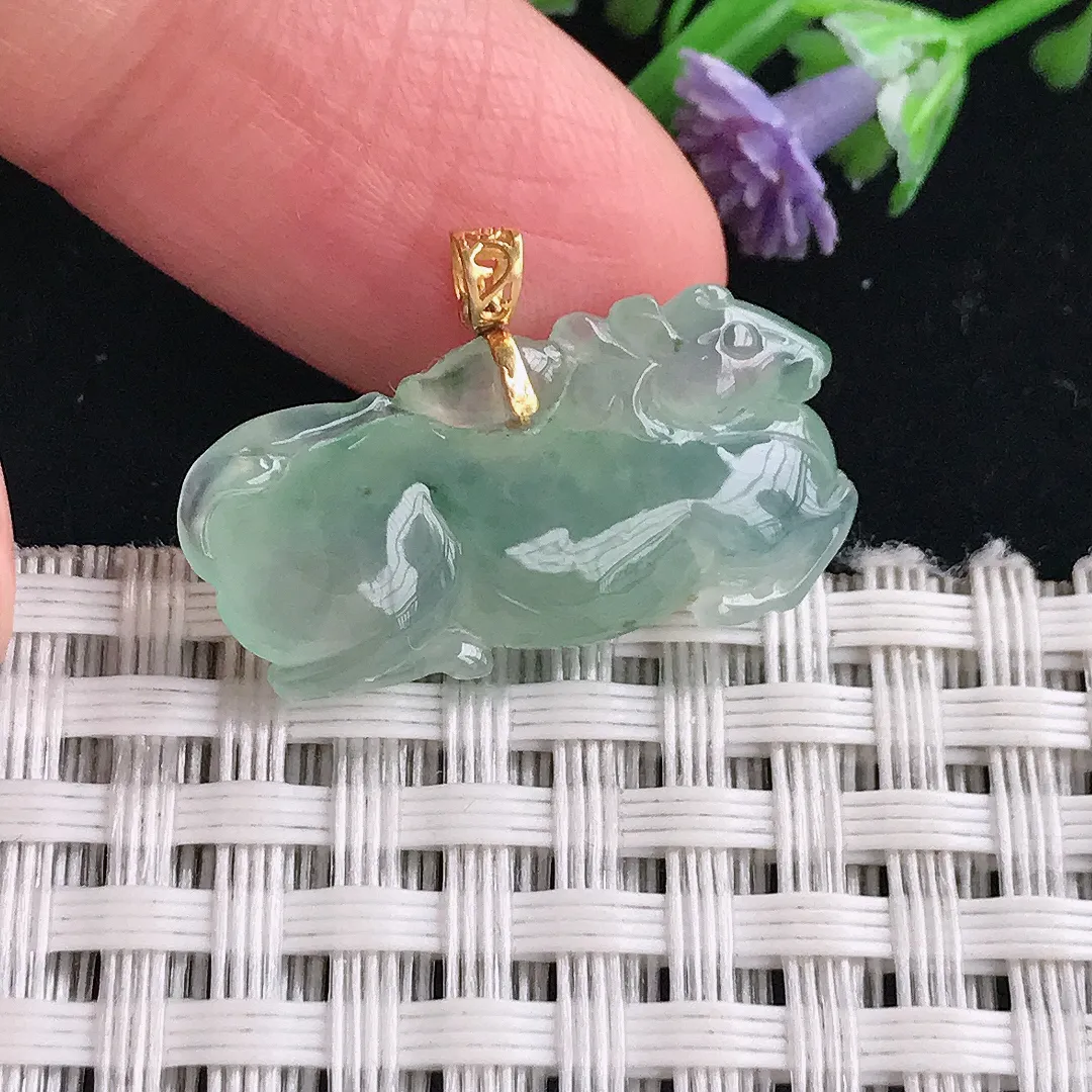 实拍A货翡翠25.2/13/5老坑18k金镶嵌冰种冰晴唐马吊坠翡翠挂件