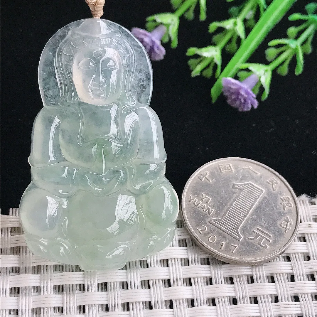 实拍A货翡翠48.8/31/5.1老坑冰胶水灵冰晴观音吊坠正装翡翠观音挂件