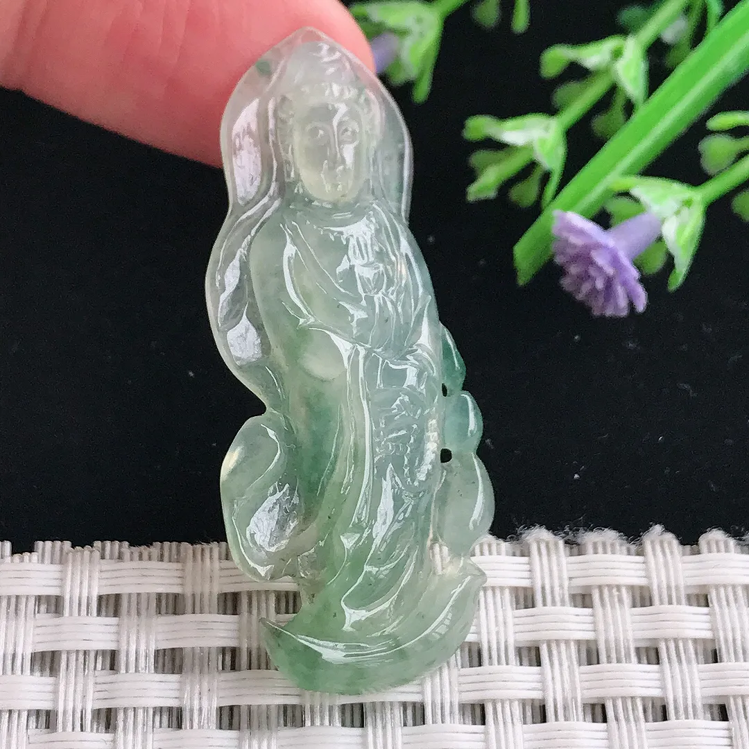 实拍A货翡翠49/19.4/5老坑冰润冰晴站观音吊坠翡翠挂件